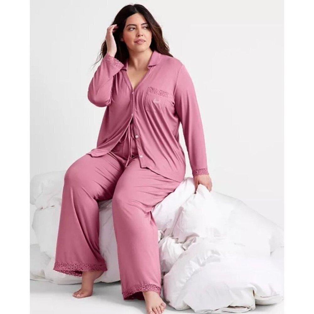 State of Day Macy’s Pink Lace Trim Collared Pajama Set 2PC Button Top Pants M - Picture 1 of 7